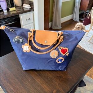 ✨ Longchamp Le Pliage Tote – Navy | Limited Edition Artist Patch Design